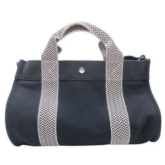 Hermes Cannes PM Handbag Tote Canvas Herringbone with Pouch Black Ivory - Picture 2 of 11